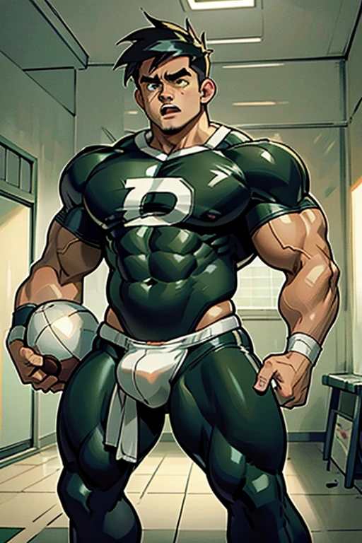 Danny Phantom, ghost, hypnosis, jock, conversion, locker room hallway, hyper muscles, jockstrap, bro, meathead, hypnotized, brainwashed, brainwashing, big dumb jock, football. Danny Fenton is hypnotized by Dash to assimilate and become another dumb cocky smirking fitness-obsessed bodybuilder football jock bro giving a wedgie to a nerd. Glowing green eyes. Hyper crotch bulge. Massive bulging crotch. Big balls. Big biceps. Big triceps. Big traps. Broad shoulders. Big meaty pecs. Big thighs. Thick glutes. Football team assimilation. Black hair. Deep dull voice. glazed expression. dumber and dumber. Open mouth. Clothes turning into a football uniform. Forgetting. Number 16 on his football uniform. IQ drain. Mindless. Brainless. Brute. Brutification. "I feel like I ... I ... I'm a ... I'm a .... Yes, ... just a meathead jock.... just muscle ... and meat.... Bro.... I am a meathead.... I am a bro.... I am a jock.... I am a meathead.... I am a bro.... I am a jock.... Anything you say, Dash.... Obey ... the QB.... Give nerds ... wedgies.... I am a jock. I am a meathead.... I obey...."