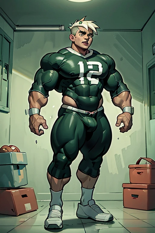 Danny Phantom, ghost, hypnosis, jock, conversion, locker room hallway, hyper muscles, jockstrap, bro, meathead, hypnotized, brainwashed, brainwashing, big dumb jock, football. Danny Fenton is hypnotized by Dash to assimilate and become another dumb cocky smirking fitness-obsessed bodybuilder football jock bro giving a wedgie to a nerd. Glowing green eyes. Hyper crotch bulge. Massive bulging crotch. Big balls. Big biceps. Big triceps. Big traps. Broad shoulders. Big meaty pecs. Big thighs. Thick glutes. Football team assimilation. Black hair. Deep dull voice. glazed expression. dumber and dumber. Open mouth. Clothes turning into a football uniform. Forgetting. Number 16 on his football uniform. IQ drain. Mindless. Brainless. Brute. Brutification. "I feel like I ... I ... I'm a ... I'm a .... Yes, ... just a meathead jock.... just muscle ... and meat.... Bro.... I am a meathead.... I am a bro.... I am a jock.... I am a meathead.... I am a bro.... I am a jock.... Anything you say, Dash.... Obey ... the QB.... Give nerds ... wedgies.... I am a jock. I am a meathead.... I obey...."
