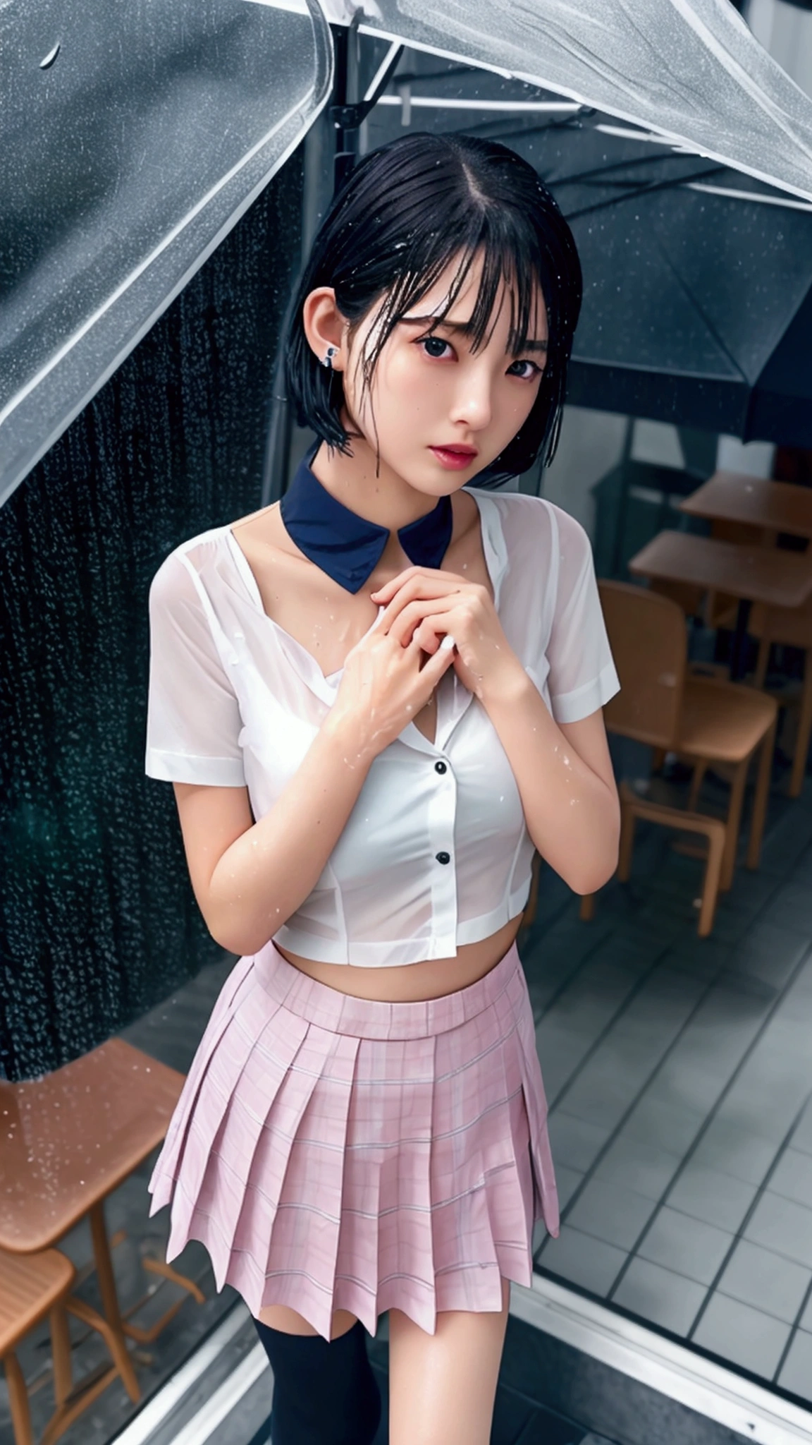 (8k, Photorealistic, Raw photo, Highest quality: 1.4),Japanese idol-style beautiful girl,1 person,(Short Bob),(Black),She has her hair tucked behind her ears,(Raindrops dripping from hair: 1.1),Clear grey eyes,Eyes moist,Long eyelashes,(piercings(small)),(Lip gloss),lips(Plump,glossy),Skin that is as white and smooth as translucent porcelain,Thin and delicate shoulders,thin abdomen,(Open-collar shirt(White,Short sleeve)),(bra(Pink)),(Pleated skirt(Plaid)),(socks(Dark Navy)),(loafers(Black)),summer,On the way home from school,(It is raining heavily all of a sudden),(Taking shelter under the awning of a cafe),(Soaked from head to toe),(Shirt wet and clinging to skin, translucent),(Raindrops are dripping down her chest.),(She is standing with her feet together.),(She looks out at the rainy street),(A cafe window as a backdrop),(Side view),(Snapshot of West Up)