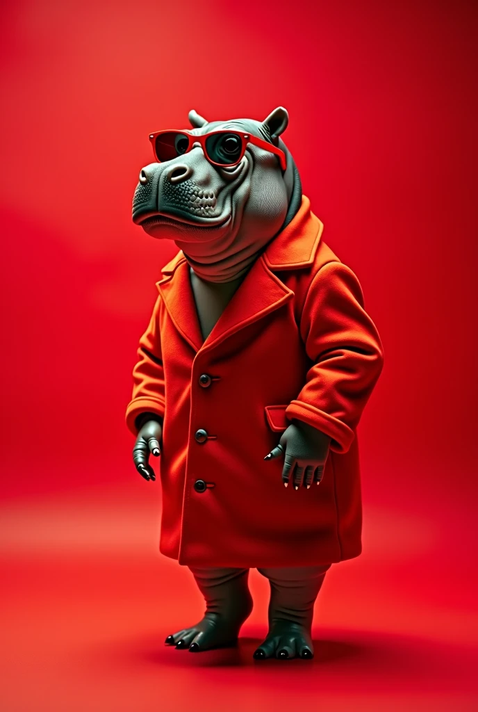 The best mobile wallpaper, Award-winning wallpaper, Portrait Photography, In front view is a portrait of a cute hippo wearing 1960s mid-century space-age fashion, Side view shot, Shot with Canon EOS R5, Setting a stark contrast that accentuates the subject, Fluorescent red shade, Wearing a very fashionable lounge coat and sunglasses are a hip 1960s style, Clothing all in one color, Beautiful background