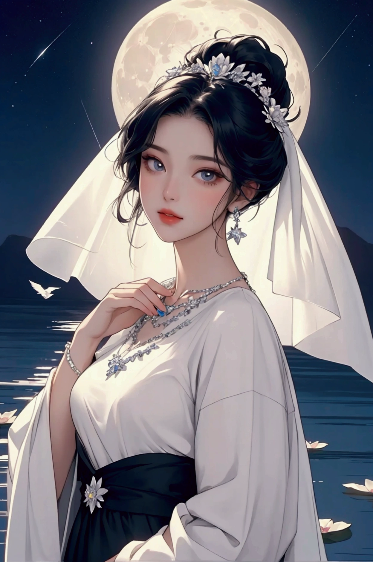 (masterpiece,Highest quality,,8k,High resolution),One female,,Beautiful Face,Beautiful Face,Beautiful eyes,Beautiful lips,Compassionate Mother Kannon,Black Hair,look back,,Wave,,Standing on the surface of the water,,flower,bird,,moon,,A bright night with stars visible,jewelry,Holding,Long sleeve,Veil,necklace,Lotus,Long Hair,dress,(whole body),Highly detailed CG,