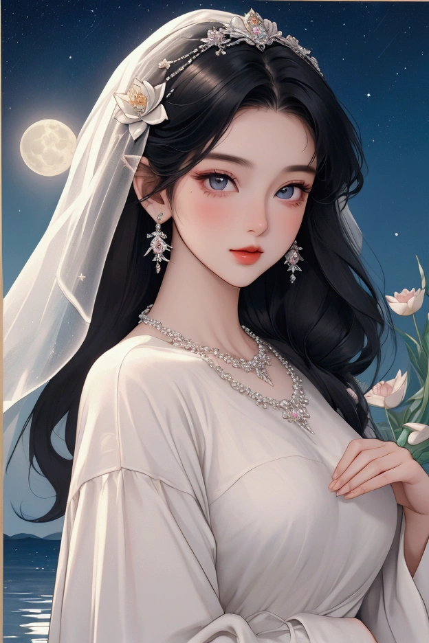 (masterpiece,Highest quality,,8k,High resolution),One female,,Beautiful Face,Beautiful Face,Beautiful eyes,Beautiful lips,Compassionate Mother Kannon,Black Hair,look back,,Wave,,Standing on the surface of the water,,flower,bird,,moon,,A bright night with stars visible,jewelry,Holding,Long sleeve,Veil,necklace,Lotus,Long Hair,dress,(whole body),Highly detailed CG,