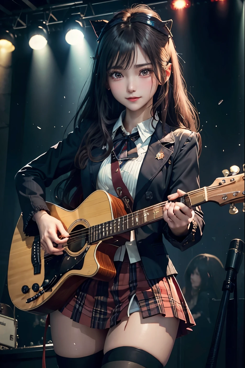 High school girl blazer、uniform、Red checked knee-length skirt、Long skirt、JK Style、Jacket、smile、Knee-high socks、Thigh-high socks、pantyhose、Extremely beautiful、Super cute、ennui、Rare Beauty、Dark black eyeshadow、sad、Skin radiance、Long Hair Straight Hair、Dark Gothic Makeup、Dark Smile、Fragrant beauty、Stained glass background、masterpiece、Highest quality、See 5 books、Sweat glistening on my chest、Sweat glistening on the face、Small breasts、22 years old、Slightly slim、Mysterious look、Sad look、Mysterious Gothic Church、enchanting castle、Excessive sweating all over the body、Thighsに大量の汗と光、光沢のあるThighs、Thighs、Thighsに大量の汗が光る、sweat profusely、Gal、Small breasts、Japanese face、Captivating look、細いThighs、play the guitar、I have a guitar、Enthusiastic singing、バンドでplay the guitar、Playing guitar chords、Background of the live music venue、Sing a song、Open your mouth、Scenery of a live music venue、Mike stand、Glamorous live stage、Dynamic Angles、Vivid straight long hair、delicate straight hair、