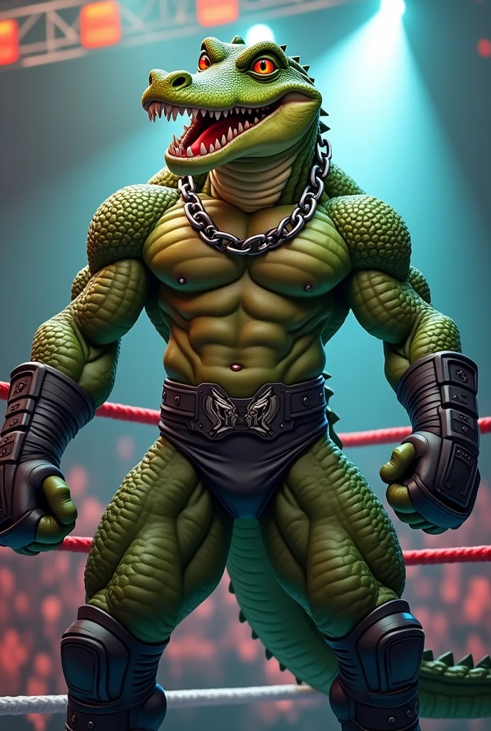 Detailed picture of a confident male villain wrestler anthro, (crocodile, olive green, lean body, orange eyes) in a wrestling ring, trending on Art Station, Ross Tran, ruan jia, foxovh, ((determined expression, gritting teeth, wearing charcall wrestler brief, wearing wrestling protective gear, with a metal chain around he's neck, (((dynamic lighting,))), cartoon