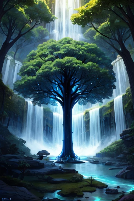 a tree in the middle of a waterfall surrounded by trees, tree of life, cosmic tree of life, the world tree, the tree of life, tree of life seed of doubt, world tree, yggdrasil, fantasy tree, magical tree, mystical setting, cosmic tree, beeple art, realism | beeple, tree of life inside the ball