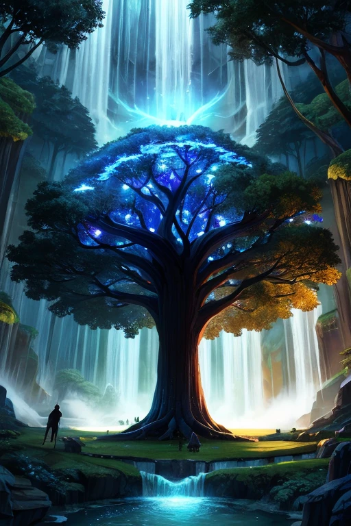 a tree in the middle of a waterfall surrounded by trees, tree of life, cosmic tree of life, the world tree, the tree of life, tree of life seed of doubt, world tree, yggdrasil, fantasy tree, magical tree, mystical setting, cosmic tree, beeple art, realism | beeple, tree of life inside the ball