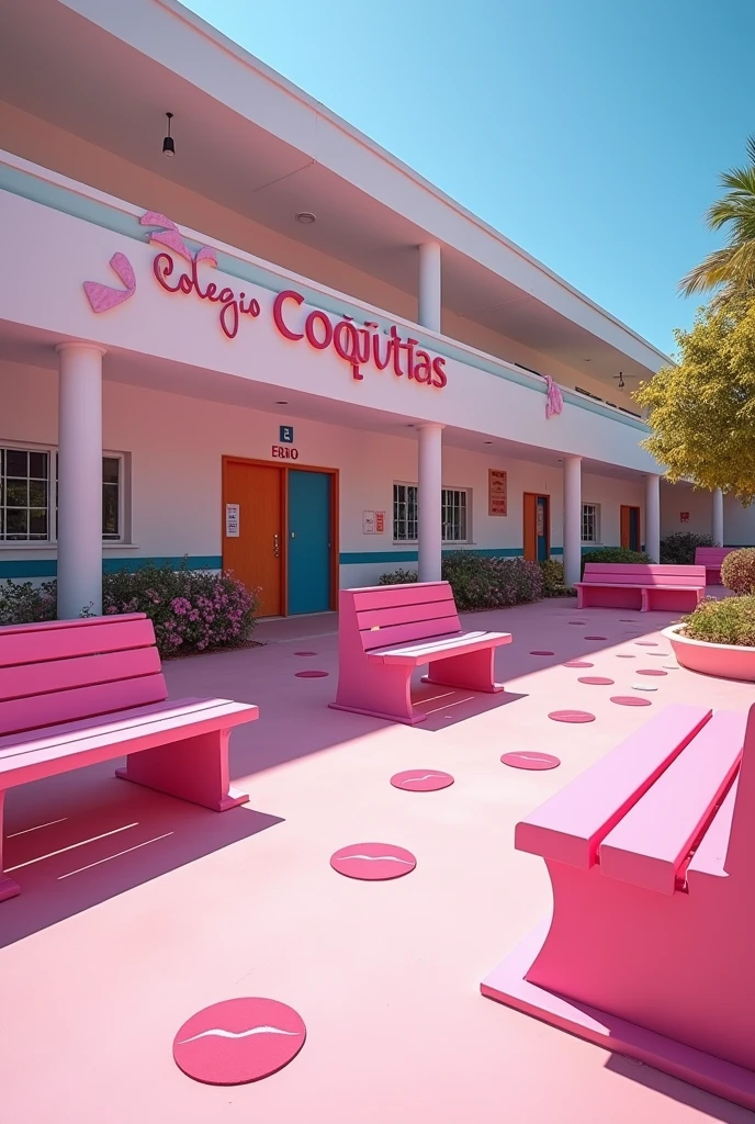 (photorealism:1.2) a pink girls' school inside yard, pink and white modern school building with pink benches, clean in good shape, the sign "Colegio Coquetas" and the stickers of many kisses 💋 on the walls and floor, realistic, intricate details