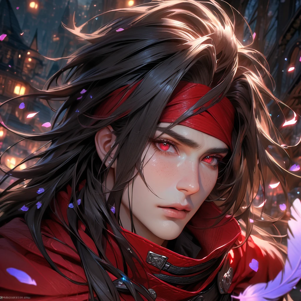 Ultra detailed, highres, absurdres, HDR, master piece, Vincent Valentine, black hair, long hair, red headband, expressive red eyes, black leather clothes, black gloves, red cape, Final Fantasy VII Remake, petals, fireflies, sexy man, solo, handsome, very detailed face and eyes, best quality, fantasy, magical, realistic face, fantasy city, feathers, sensual, close up