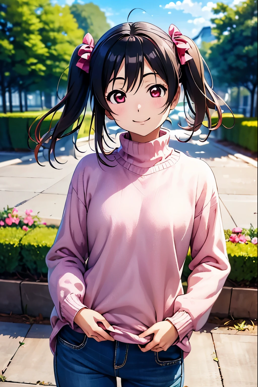 Highest quality、High resolution、masterpiece,(Anime illustration style:1.5),Photographed from the front,Nico the Little Devil、Nico Yazawa、smile、Highest quality,Super detailed,Outdoor,One person,  Standing, Black Hair,sweater, pink sweater, turtleneck, Long sleeve,In jeans、smile、Beautiful red eyes、Twin tails,(Realistic, Genuine, Genuine的、Realistic), ((Highest quality)、 Cowboy Shot,