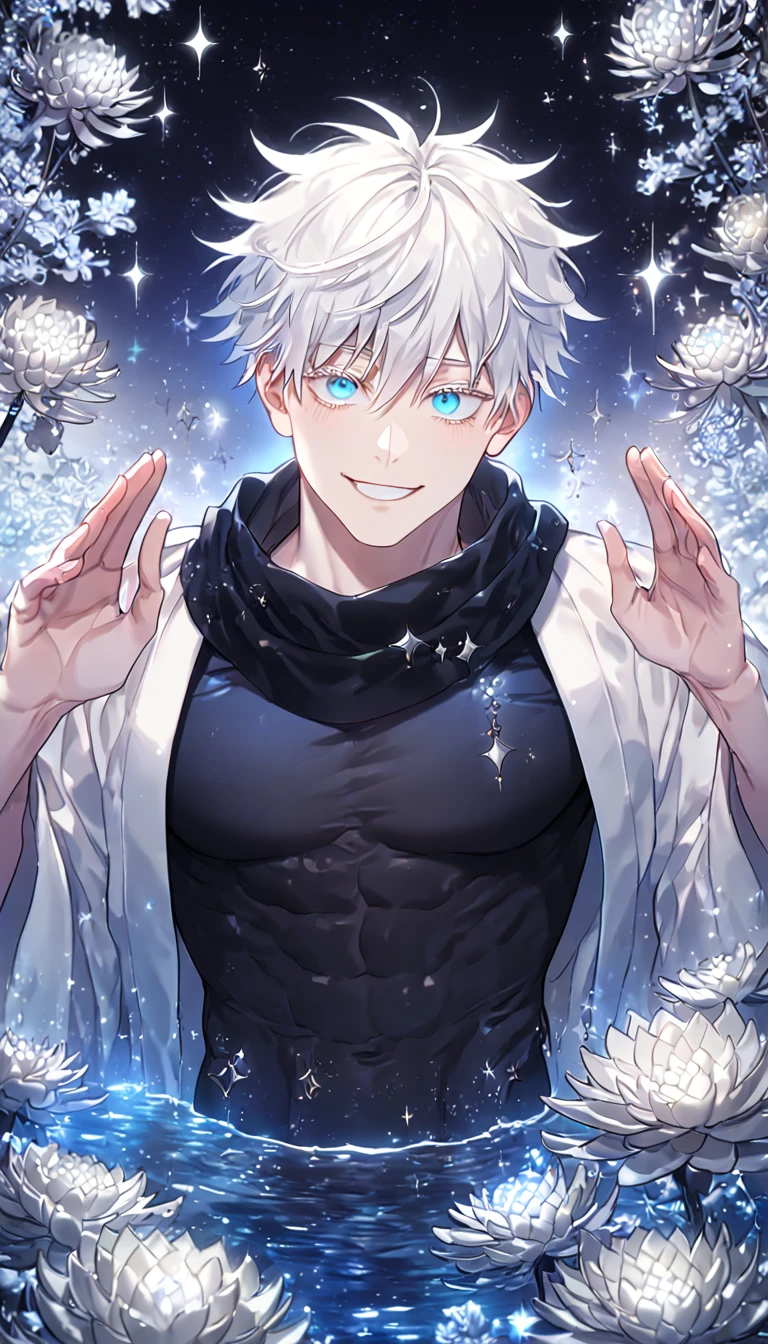 absurdres, highres, ultra detailed, HDR, master piece, best quality, extremely detailed, Gojou Satoru, white hair, expressive blue eyes, white eyelashes, Jujutsu Kaisen, solo, sexy man, handsome, smile, sensual, manly man, horny, white haori, black scarf, black tight T-shirt, fantasy, water, sparkling, silver glittering fireflies, silver moon, silver blossoms, silver chrysanthemums, silver sparkling lights, starry sky, magical