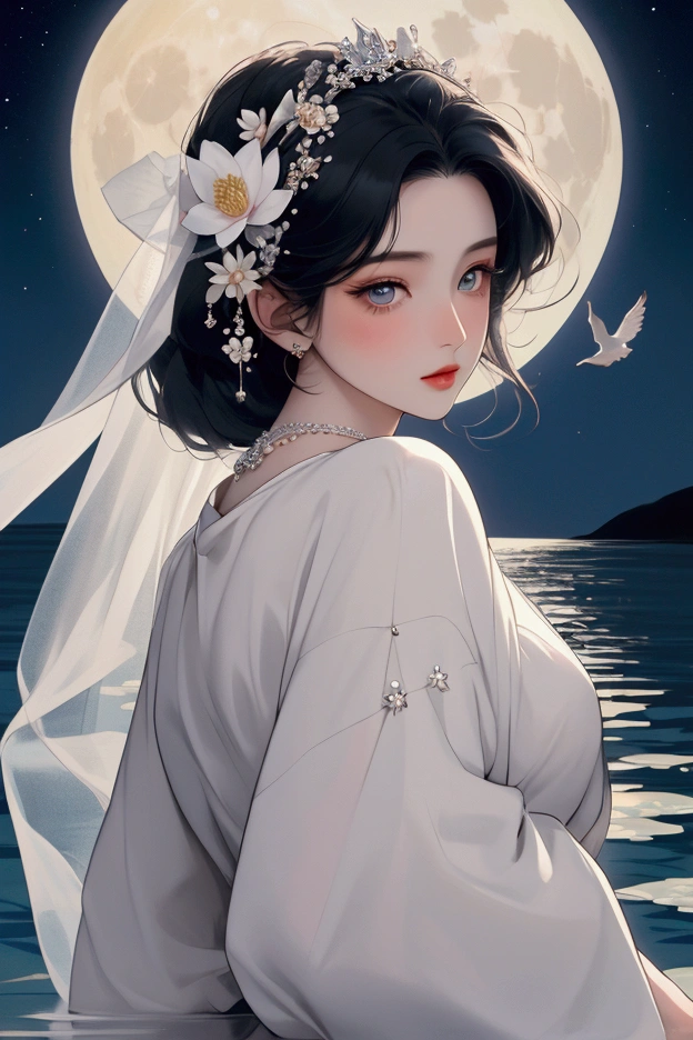 (masterpiece,Highest quality,,8k,High resolution),One female,,Beautiful Face,Beautiful Face,Beautiful eyes,Beautiful lips,Compassionate Mother Kannon,Black Hair,look back,,Wave,,Standing on the surface of the water,,flower,bird,,moon,,A bright night with stars visible,jewelry,Holding,Long sleeve,Veil,necklace,Lotus,Long Hair,dress,(whole body),Highly detailed CG,