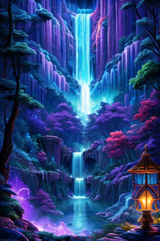 painting of a waterfall in a forest with a purple sky, galactic waterfalls, nebula waterfalls, cascading iridescent waterfalls, alien waterfall, bioluminescent waterfall, dan mumford and thomas kinkade, dan mumford and albert bierstadt, hildebrandt, floating waterfalls, an endless waterfall, waterfall backdrop, breathtaking masterpiece of art, style of tim hildebrandt
