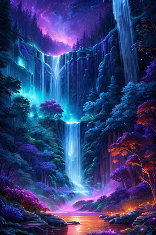 painting of a waterfall in a forest with a purple sky, galactic waterfalls, nebula waterfalls, cascading iridescent waterfalls, alien waterfall, bioluminescent waterfall, dan mumford and thomas kinkade, dan mumford and albert bierstadt, hildebrandt, floating waterfalls, an endless waterfall, waterfall backdrop, breathtaking masterpiece of art, style of tim hildebrandt