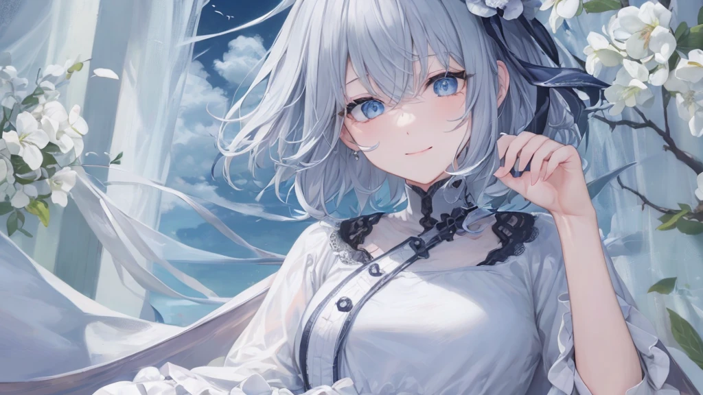 Ultra HD,Look at the viewers, Place your hands behind your back, and, 20-year-old, 非常にshort hair, Long bangs between the eyes, Pale blue eyes, Very detailed,(masterpiece、Highest quality),Gray Hair、Laughter、wonderful, Silver Hair, iris, short hair、 Fluttering Hair、Small face、明るいsmile、(Detailed face) ,Professional Lighting,wonderful風景,blue sky, sunlight,Looking down from above,Portraiture、Open your mouth、Flower Field、Her eyes were shining、Mysterious and enchanting atmosphere。With AI Painting、andてもshort hair, Long bangs between the eyes, Very detailed,(masterpiece、Highest quality)、alone、Gray Hair、Fantasy, Silver Hair, Fantasyな風景、smile、Open your mouth、short hair、short hair、hairpin、black eye、Grey Eyes、Beautiful Eyes、Black Shirt、White hoodie
