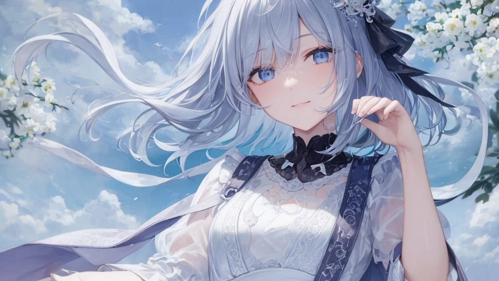 Ultra HD,Look at the viewers, Place your hands behind your back, and, 20-year-old, 非常にshort hair, Long bangs between the eyes, Pale blue eyes, Very detailed,(masterpiece、Highest quality),Gray Hair、Laughter、wonderful, Silver Hair, iris, short hair、 Fluttering Hair、Small face、明るいsmile、(Detailed face) ,Professional Lighting,wonderful風景,blue sky, sunlight,Looking down from above,Portraiture、Open your mouth、Flower Field、Her eyes were shining、Mysterious and enchanting atmosphere。With AI Painting、andてもshort hair, Long bangs between the eyes, Very detailed,(masterpiece、Highest quality)、alone、Gray Hair、Fantasy, Silver Hair, Fantasyな風景、smile、Open your mouth、short hair、short hair、hairpin、black eye、Grey Eyes、Beautiful Eyes、Black Shirt、White hoodie