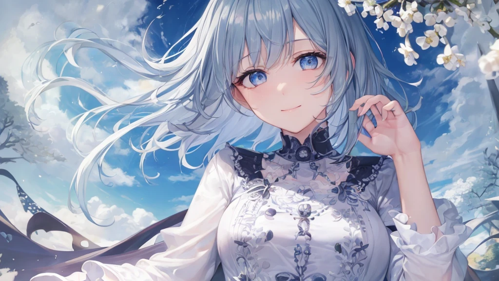 Ultra HD,Look at the viewers, Place your hands behind your back, and, 20-year-old, 非常にshort hair, Long bangs between the eyes, Pale blue eyes, Very detailed,(masterpiece、Highest quality),Gray Hair、Laughter、wonderful, Silver Hair, iris, short hair、 Fluttering Hair、Small face、明るいsmile、(Detailed face) ,Professional Lighting,wonderful風景,blue sky, sunlight,Looking down from above,Portraiture、Open your mouth、Flower Field、Her eyes were shining、Mysterious and enchanting atmosphere。With AI Painting、andてもshort hair, Long bangs between the eyes, Very detailed,(masterpiece、Highest quality)、alone、Gray Hair、Fantasy, Silver Hair, Fantasyな風景、smile、Open your mouth、short hair、short hair、hairpin、black eye、Grey Eyes、Beautiful Eyes、Black Shirt、White hoodie