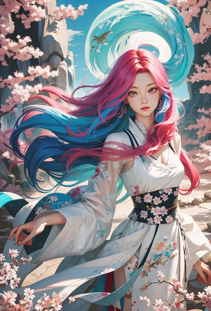 (Pure manga, animation style), Painting of a woman with long hair and colorful hair, Beautiful digital illustration, Amazing digital illustrations, Brilliant digital art, Beautiful illustrations, Beautiful digital artwork, Beautiful digital art, Exquisite digital illustrations, complex digital painting, very Beautiful digital art, Vivid digital painting, beautiful Brilliant digital art, Psychedelic flowing hair, Colorful Digital Painting, Inspiring digital art, Stylized digital art