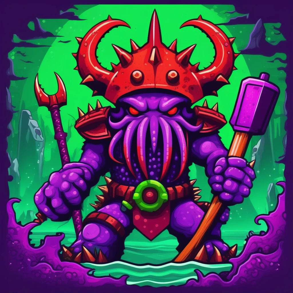 kraken warrior,vivid red and red-orange with dark red speckles,covered in purple spikes and horns,giant spiked purple hammer,green ruins in tentacles,masterpiece,best quality,retro arcade art style