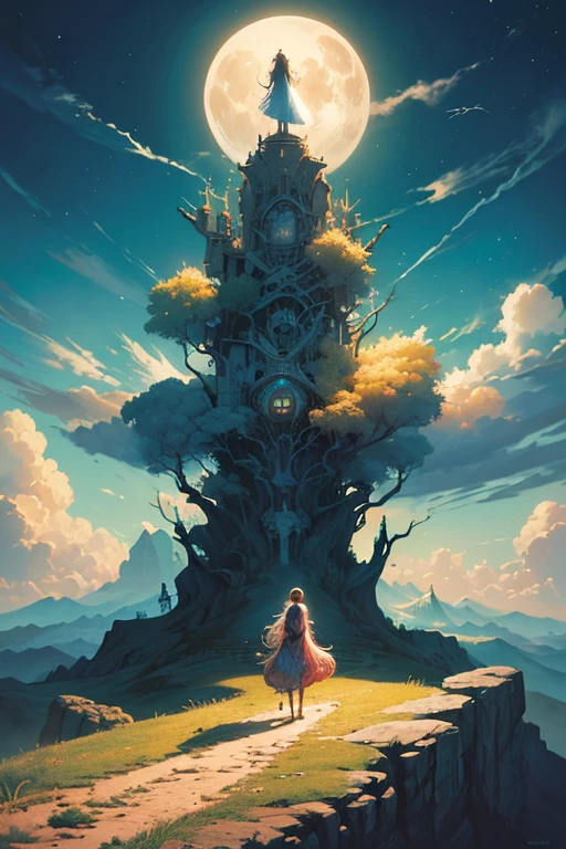 a painting of a couple of people standing on top of a hill, cyril rolando and m.w kaluta, cyril rolando and m. w kaluta, fantasy painting hd, beautiful depiction, in the moon, magical realism and dark fantasy, fantasy book illustration, fantasy rpg book illustration, under the moon, andrews esao artstyle, the glow of the moonlight