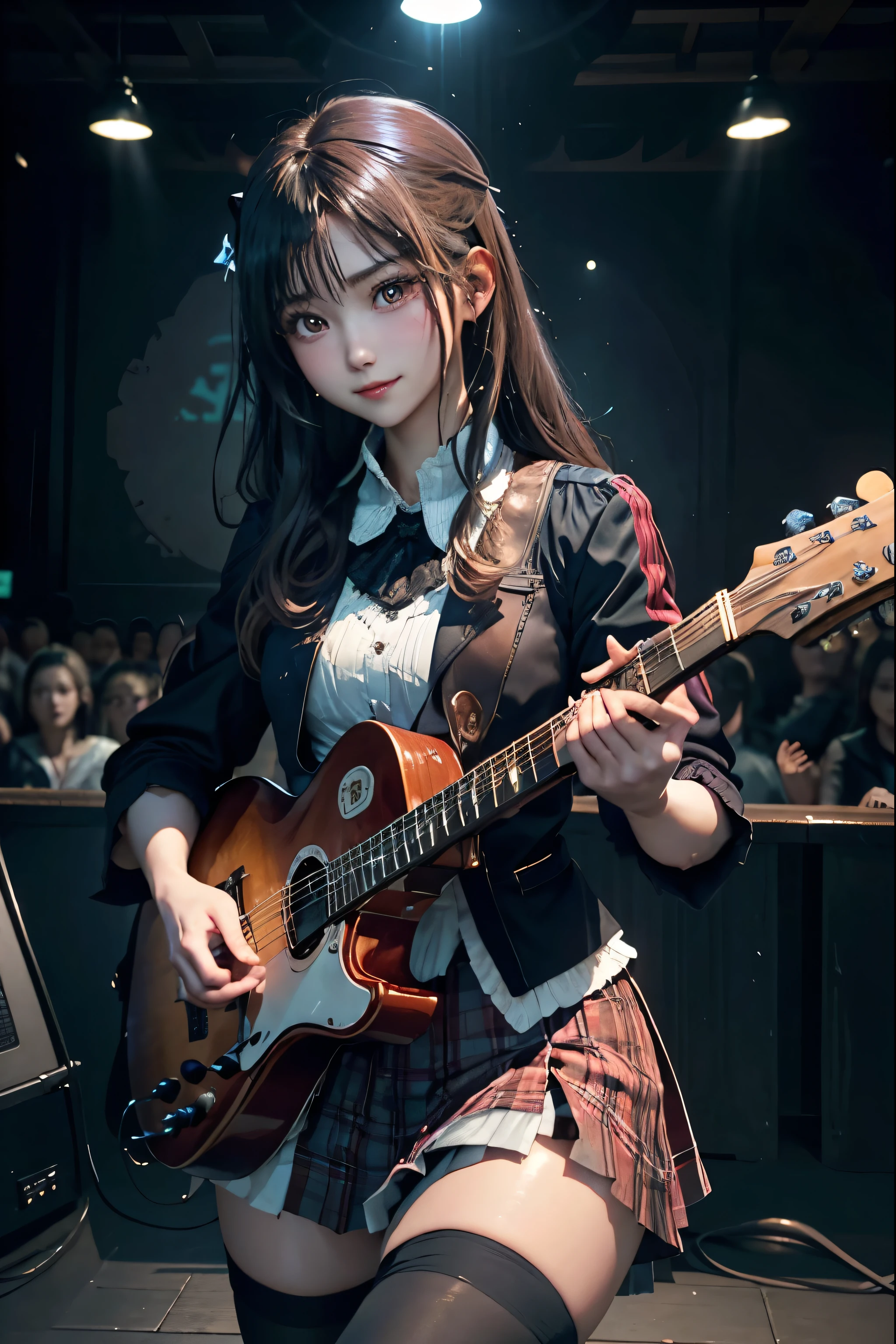 High school girl blazer、uniform、Red checked knee-length skirt、Long skirt、JK Style、Jacket、smile、Knee-high socks、Thigh-high socks、pantyhose、Extremely beautiful、Super cute、ennui、Rare Beauty、Dark black eyeshadow、sad、Skin radiance、Long Hair Straight Hair、Dark Gothic Makeup、Dark Smile、Fragrant beauty、Stained glass background、masterpiece、Highest quality、See 5 books、Sweat glistening on my chest、Sweat glistening on the face、Small breasts、22 years old、Slightly slim、Mysterious look、Sad look、Mysterious Gothic Church、enchanting castle、Excessive sweating all over the body、Sweat dripping down thighs, shining in the light、Shiny thighs、Thighs、Sweat on thighs, shining brightly、sweat profusely、gal、Small breasts、Japanese face、Captivating look、Thin Thighs、play the guitar、I have a guitar、Enthusiastic singing、play the guitar in a band、Playing guitar chords、Background of the live music venue、Sing a song、Open your mouth、Scenery of a live music venue、Mike stand、Glamorous live stage、Dynamic Angles、Vivid straight long hair、delicate straight hair、