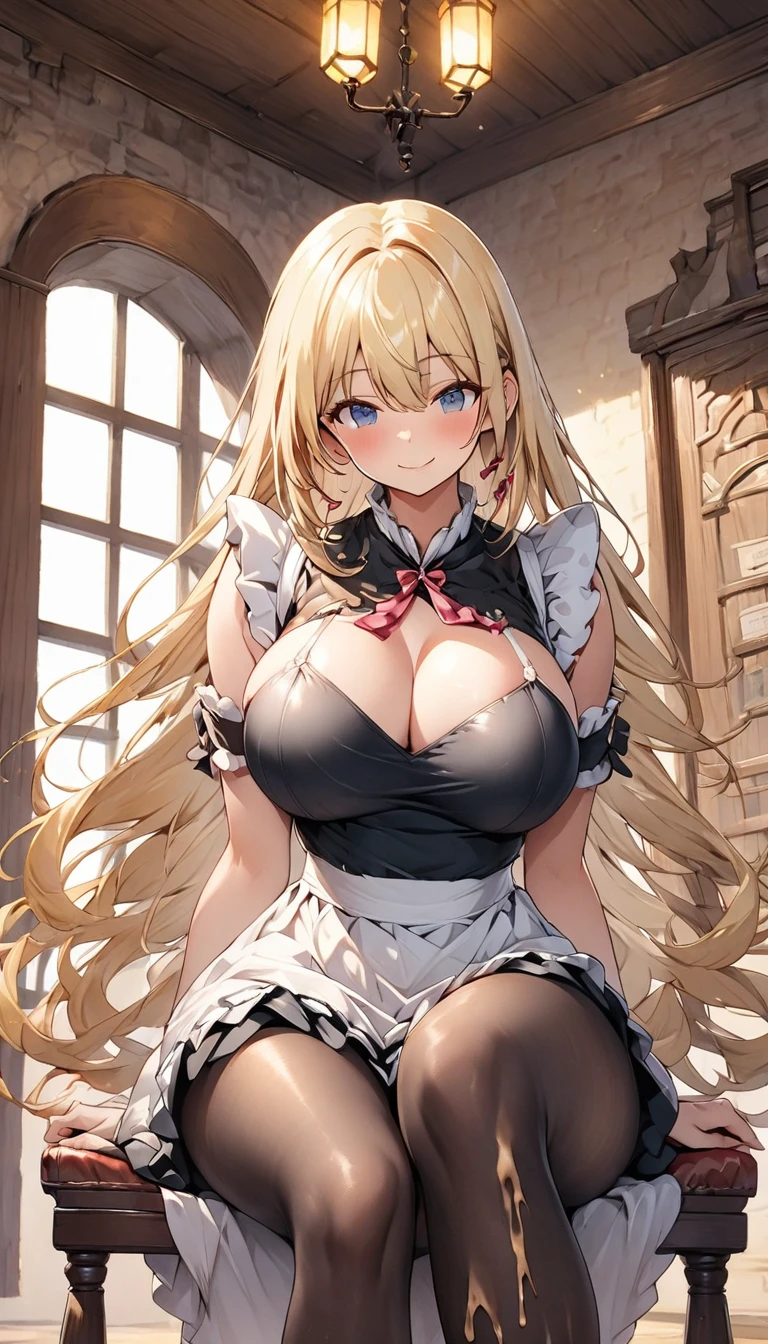 One Woman、beautiful girl、maid、20-year-old、Blonde、Very Long Hair、Western-style building、maidの、頭にmaidカチューシャ、Short skirt、Black Pantyhose、Ultra-definition image quality、Highest quality, smile,Big Breasts、Very large breasts、Sit on a chair、Crossing your legs、Slimy feet、Poses that accentuate the chest
