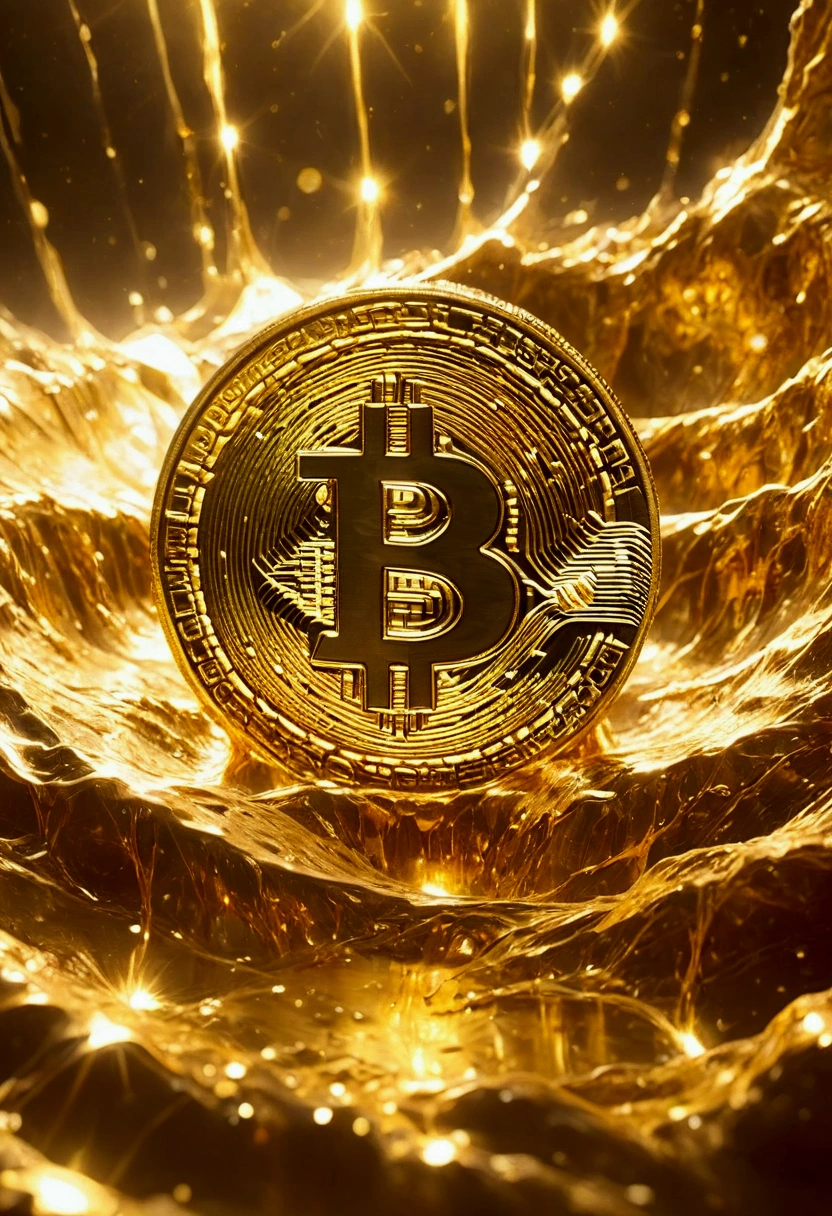 Make a gold Bitcoin coin standing upright, semi-submerged, melting in a pool of molten golden metal.