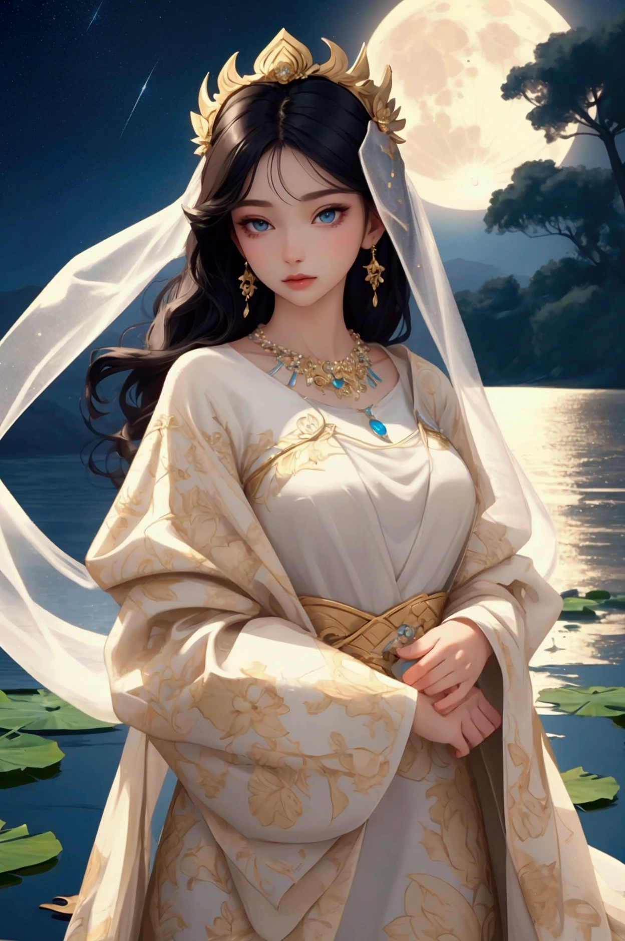 (masterpiece,Highest quality,,8k,High resolution),One female,,Beautiful Face,Beautiful Face,Beautiful eyes,Beautiful lips,Compassionate Mother Kannon,Black Hair,look back,,Wave,,Standing on the surface of the water,,flower,bird,,moon,,A bright night with stars visible,jewelry,Holding,Long sleeve,Veil,necklace,Lotus,Long Hair,dress,(whole body),Highly detailed CG,