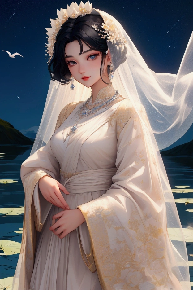 (masterpiece,Highest quality,,8k,High resolution),One female,,Beautiful Face,Beautiful Face,Beautiful eyes,Beautiful lips,Compassionate Mother Kannon,Black Hair,look back,,Wave,,Standing on the surface of the water,,flower,bird,,moon,,A bright night with stars visible,jewelry,Holding,Long sleeve,Veil,necklace,Lotus,Long Hair,dress,(whole body),Highly detailed CG,