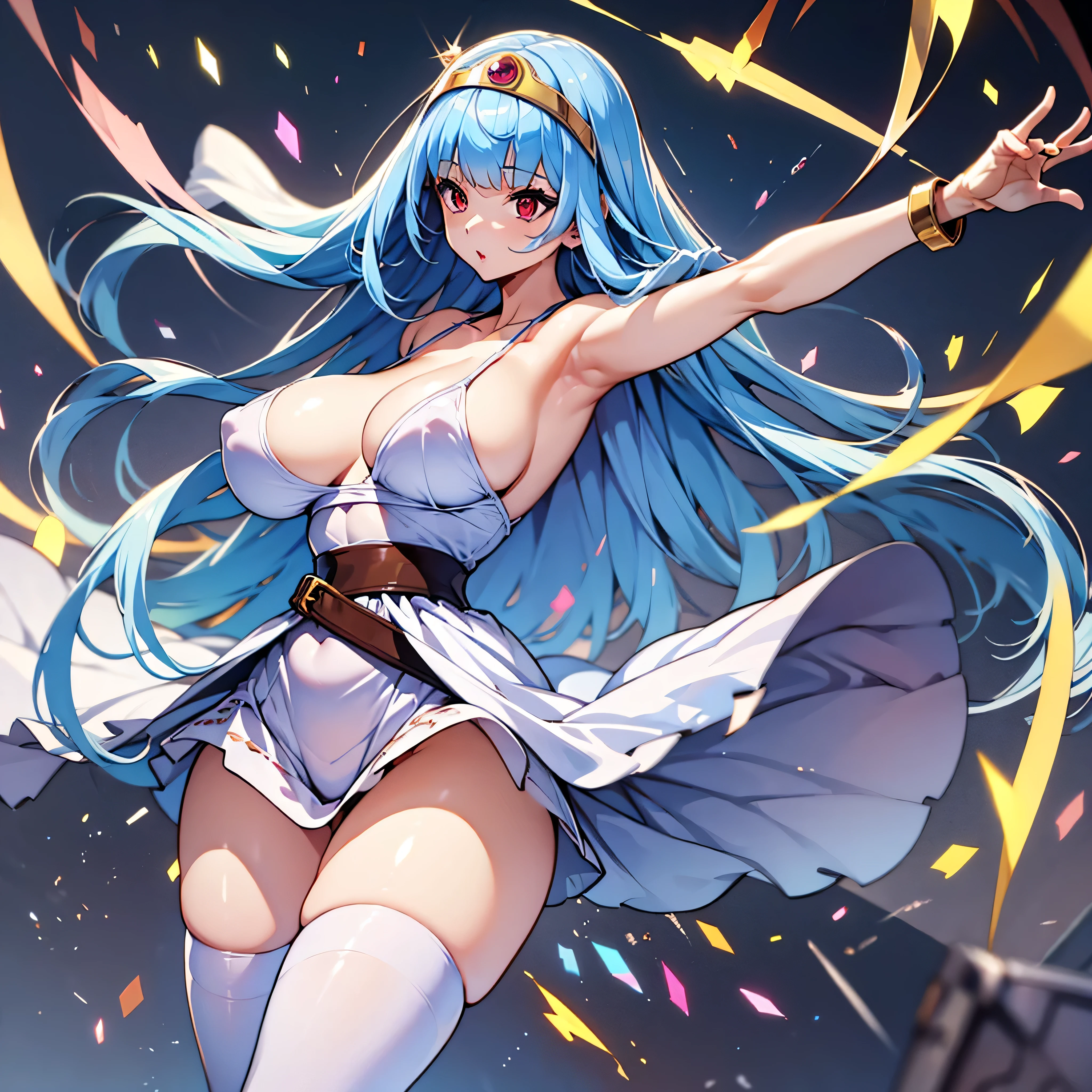 solo, 1 skinny girl standing, Dragon Quest III Sage, tiptoe, (swaying back), arms down backward, (dynamic pose), (open legs wide:1.2), BREAK, bluesky, long straight hair, blunt bangs, circlet, red eyes, BREAK, (bursting disproportionately gigantic huge breasts:1.3), BREAK, bared narrow shoulders, collarbone, very skinny inconceivably narrow waist, very long skinny legs, BREAK, (white too short dress), (white too short skirt), (show off thigh gap), white thighhighs, arm covers, belt cinches waist too tight, BREAK, nsfw, looking at viewer, slipping vagina, orgasm