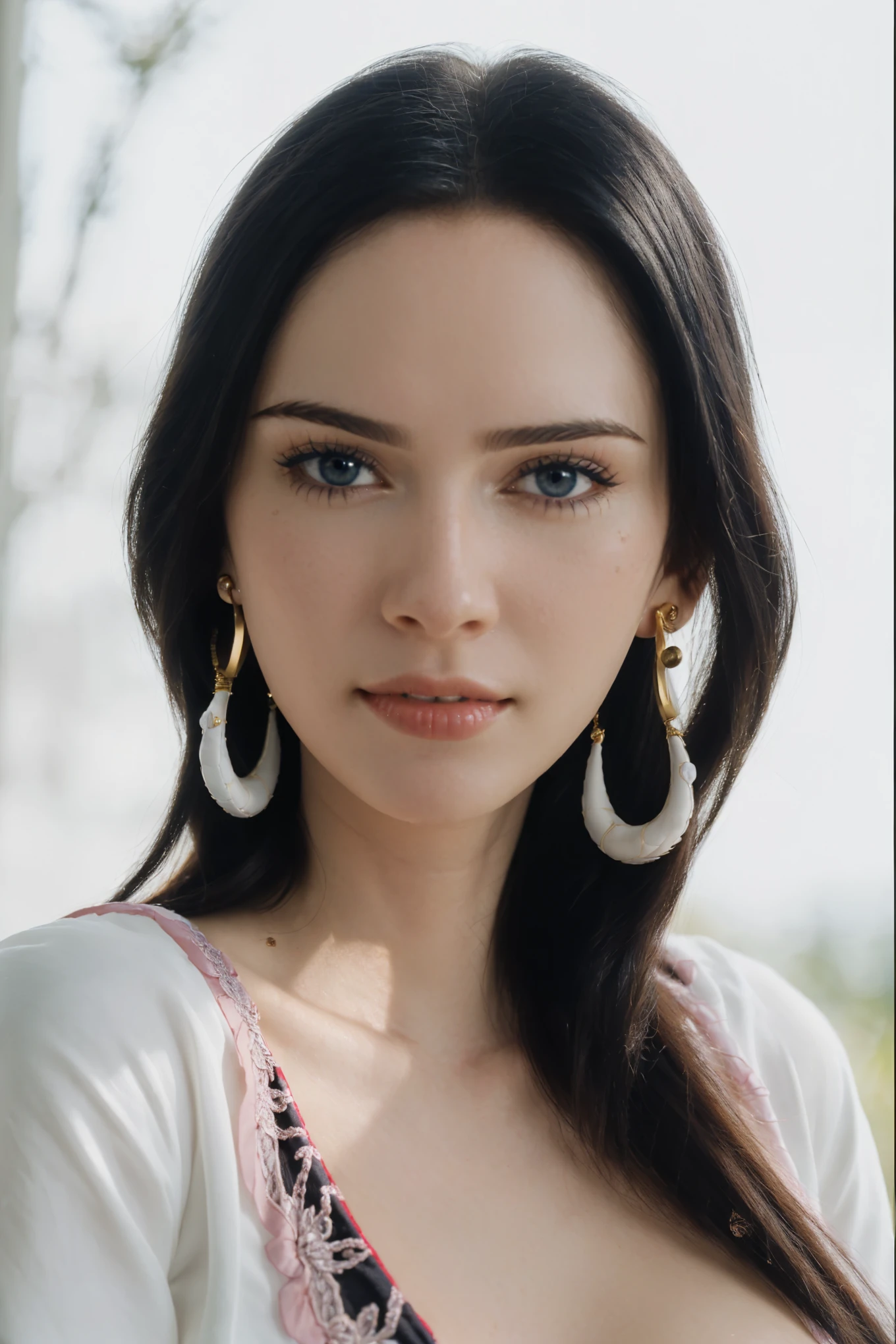 ultra realistic 8k cg, (dark background, delicate pattern, intricate detail, highly detailed, fine details), best quality, (photorealistic:1.4),beautiful lighting, absurdres, RAW photo, film grain, ((medium breasts, slim girl, close-up, portrait)), NicoRobin, 1girl, solo, black hair, long hair, jewelry, (earrings, blue eyes), ((slim girl, medium breasts)), cleavage, smile, dress, cape, epaulettes, navel, midriff, blush, collarbone, (complex detailed background, blue sky, nature environment, close-up, portrait),stunning attractive figure, beautiful photo of sexy woman, looking seductively in front, black hair,ultra realistic 8K CG, masterpiece, ((white background, delicate pattern, intricate details)), (highly detailed, fine details), best quality, 1 girl, big breasts ), 18 years old, white skin, feminine, charming, hair back, perfect body, standing on the floor,natural ilumination, too white skin, (close-up, editorial photograph of a 18 year old woman), (highly detailed face:1.4) (smile:0.7) (background inside white, moody, private study:1.3) POV, by lee jeffries, nikon d850, film stock photograph ,4 kodak portra 400 ,camera f1.6 lens ,rich colors, hyper realistic ,lifelike texture, natural lighting , cinestill 800, hair back, sun glasses above the head, natural makeup , too white skin, nico robin, lovely, femenine, happy,absurdres, highres, ultra detailed, (1 young beautiful girl, solo:1.1),breasts, boa hancock,black hair, cape, earrings, jewelry, midriff, large breasts, cleavage, navel, long hair, blue eyes,groin,epaulettes,torii, cherry_blossoms, boahancock , big breast, gold earrings