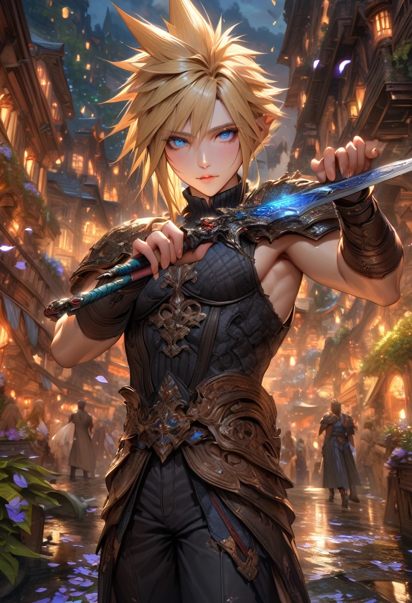 Ultra detailed, highres, absurdres, HDR, master piece, Cloud Strife, blonde hair, expressive blue eyes, black clothes, Final Fantasy VII Remake, petals, fireflies, sexy man with sword in hand, solo, handsome, very detailed face and eyes, best quality, fantasy, magical, realistic face, fantasy city, black feathers, feathers, sensual, black pants