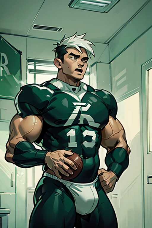 Danny Phantom, ghost, hypnosis, jock, conversion, locker room hallway, hyper muscles, jockstrap, bro, meathead, hypnotized, brainwashed, brainwashing, big dumb jock, football. Danny Fenton is hypnotized by Dash to assimilate and become another dumb cocky smirking fitness-obsessed bodybuilder football jock bro. Glowing green eyes. Hyper crotch bulge. Massive bulging crotch. Big balls. Big biceps. Big triceps. Big traps. Broad shoulders. Big meaty pecs. Big thighs. Thick glutes. Football team assimilation. Black hair. Deep dull voice. glazed expression. dumber and dumber. Open mouth. Clothes turning into a football uniform. Forgetting. Number 16 on his football uniform. IQ drain. Mindless. Brainless. Brute. Brutification. "I feel like I ... I ... I'm a ... I'm a .... Yes, ... just a meathead jock.... just muscle ... and meat.... Bro.... I am a meathead.... I am a bro.... I am a jock.... I am a meathead.... I am a bro.... I am a jock.... Anything you say, Dash.... Obey ... the QB.... I am a jock. I am a meathead.... I obey...."