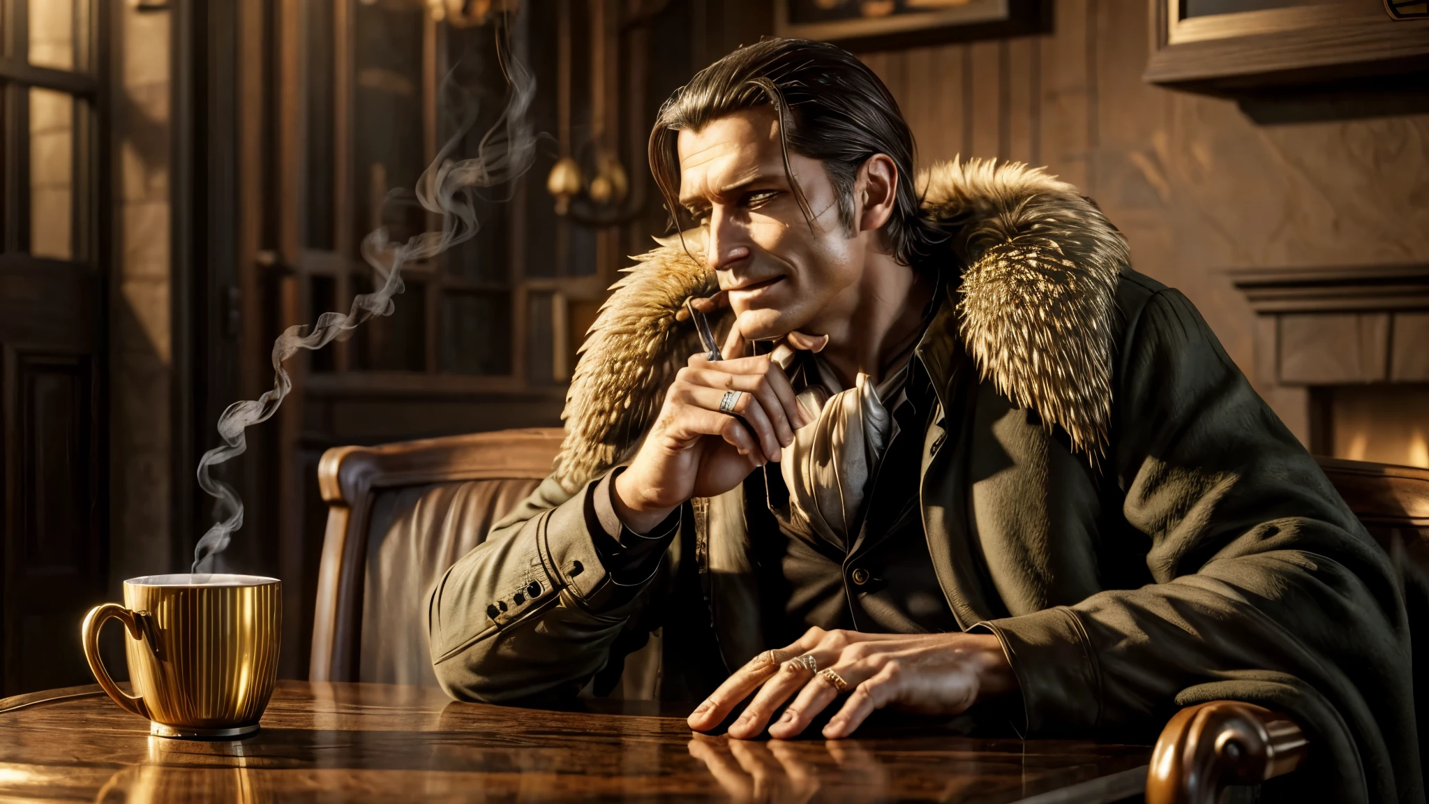 masterpiece, best quality, extremely detailed, hyperrealistic, photorealistic, a cool 40s man, ultra detailed face:1.2, fur-trimmed coat, scarf around the neck, his left hand is a golden pirate hook:1.1, cigar, in luxurious cafe, sitting at table with a coffee cup:1.2, smoking, smoke, perfect hands, perfect fingers, sly smile