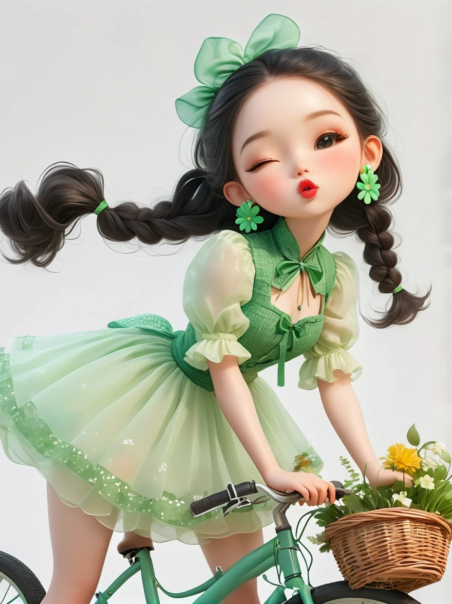 Cute , round face, short legs, watery eyes, lipstick, one eye open and one eye closed, very playful, kissing the camera, pouting, long black hair, high ponytail, wearing green flower earrings, green bicycle, bicycle basket full of colorful flowers, wearing green half sleeves, wearing white chiffon skirt, very cute, riding a green bicycle, lovely full body portrait on a transparent white background in the style of a cute doll design, fair and smooth skin, 3D cartoon style reminiscent of Pixar animations High definition details, full body, Cartoon Style, full-body shot, Create using C4D and Blender, Blind box toy styles, Super Detail, Anatomically correct, masterpiece, precise