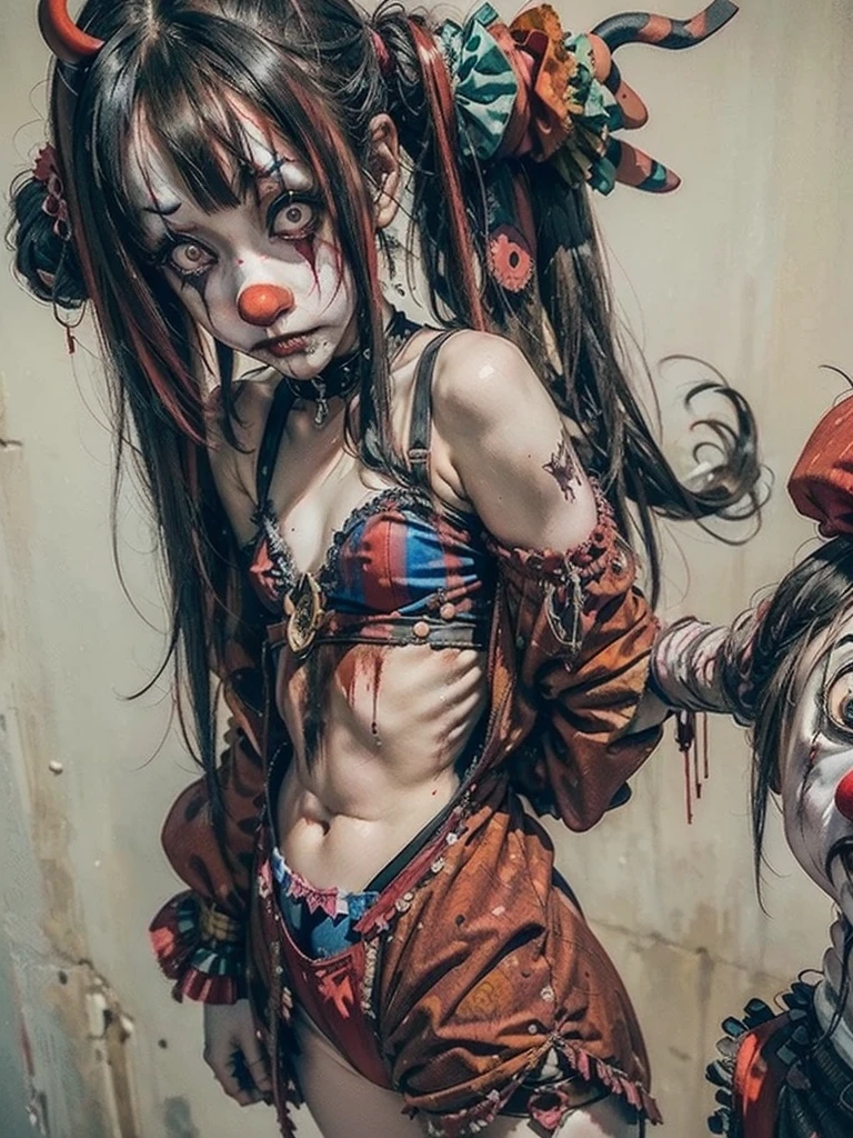 (Midnight Amusement Park),((Horror taste))、A clown looking up at the sky alone.、Sad expression、((Full body portrait))、He's holding a bloodstained knife.、Anime-style illustrations、Very revealing clothing
,Open clothing revealing underwear