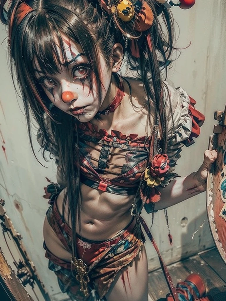 (Midnight Amusement Park),((Horror taste))、A clown looking up at the sky alone.、Sad expression、((Full body portrait))、He's holding a bloodstained knife.、Anime-style illustrations、Very revealing clothing
,Open clothing revealing underwear