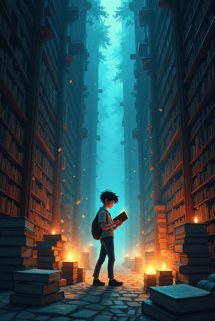 Book cover of 1 person silhouette (Lucas) reading from a secret library Disney style