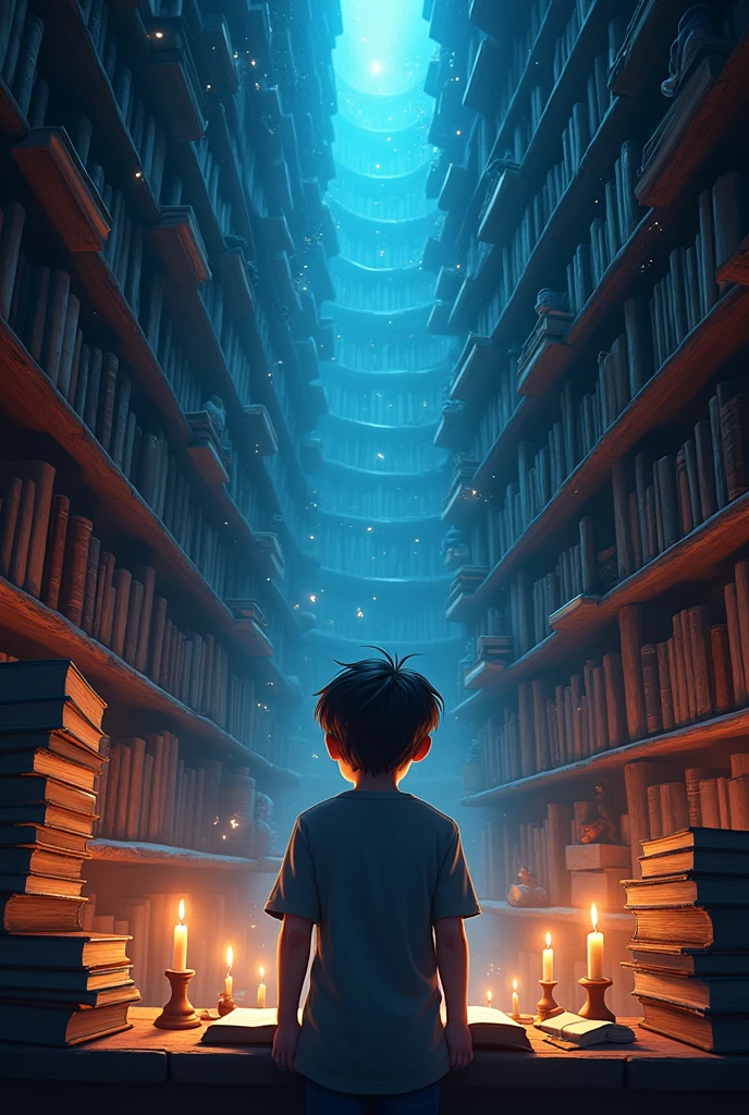 Book cover of 1 person silhouette (Lucas) reading from a secret library Disney style