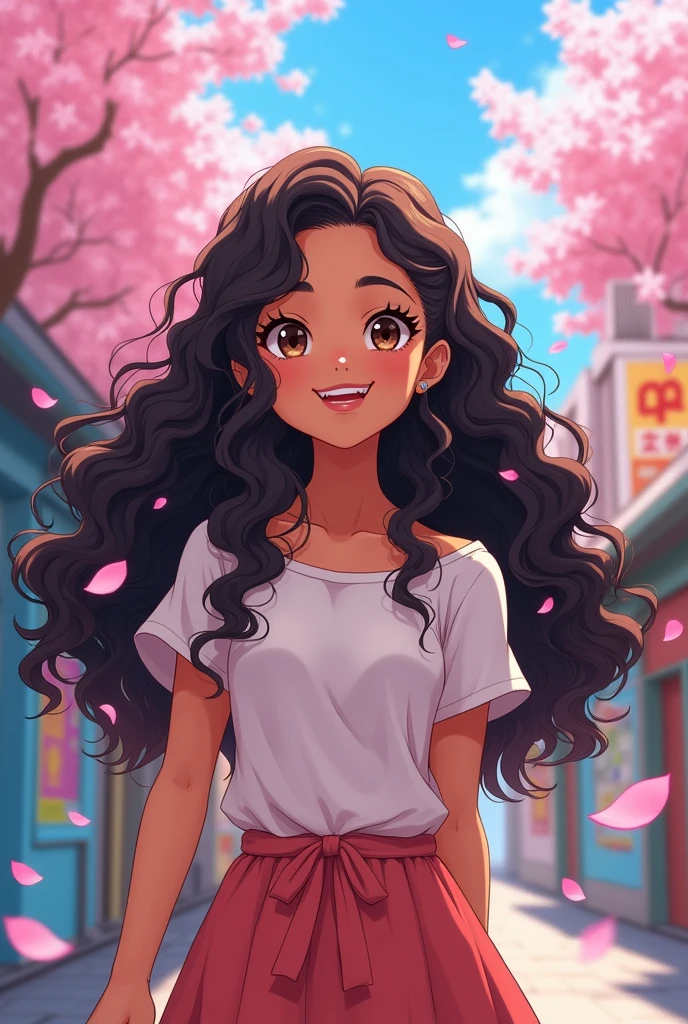 anime girl 10 years old latina skin (clara) Dark, curly hair down to the waist and a steak like in Korea
