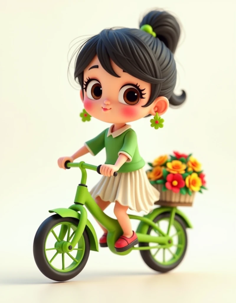 Cute , round face, short legs, watery eyes, lipstick, one eye open and one eye closed, very playful, kissing the camera, pouting, long black hair, high ponytail, wearing green flower earrings, green bicycle, bicycle basket full of colorful flowers, wearing green half sleeves, wearing white chiffon skirt, very cute, riding a green bicycle, lovely full body portrait on a transparent white background in the style of a cute doll design, fair and smooth skin, 3D cartoon style reminiscent of Pixar animations High definition details, full body, Cartoon Style, full-body shot, Create using C4D and Blender, Blind box toy styles, Super Detail, Anatomically correct, masterpiece, precise