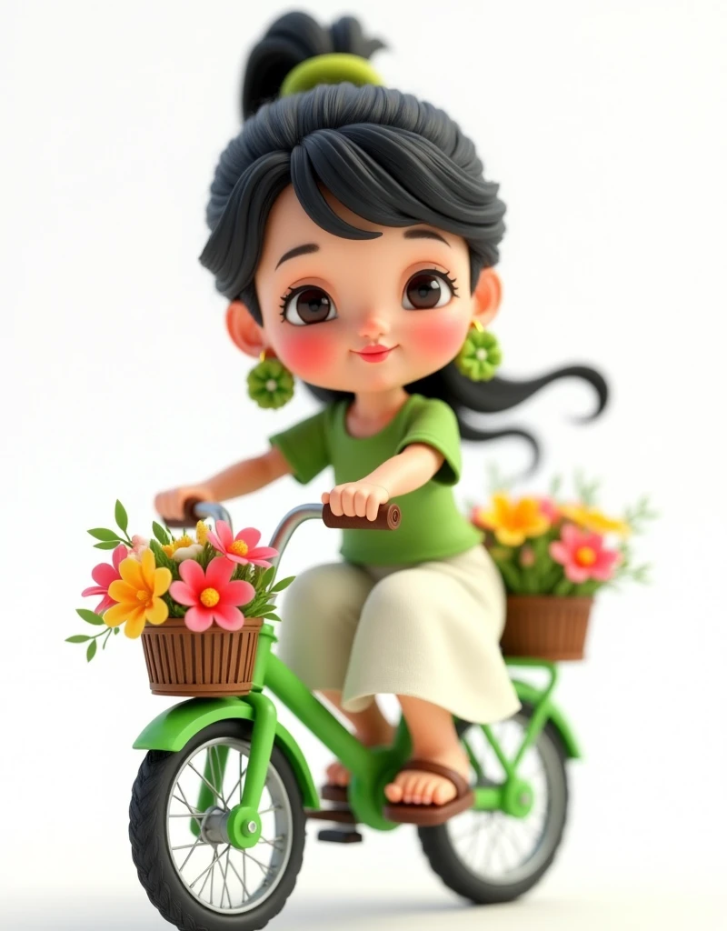 Cute , round face, short legs, watery eyes, lipstick, one eye open and one eye closed, very playful, kissing the camera, pouting, long black hair, high ponytail, wearing green flower earrings, green bicycle, bicycle basket full of colorful flowers, wearing green half sleeves, wearing white chiffon skirt, very cute, riding a green bicycle, lovely full body portrait on a transparent white background in the style of a cute doll design, fair and smooth skin, 3D cartoon style reminiscent of Pixar animations High definition details, full body, Cartoon Style, full-body shot, Create using C4D and Blender, Blind box toy styles, Super Detail, Anatomically correct, masterpiece, precise