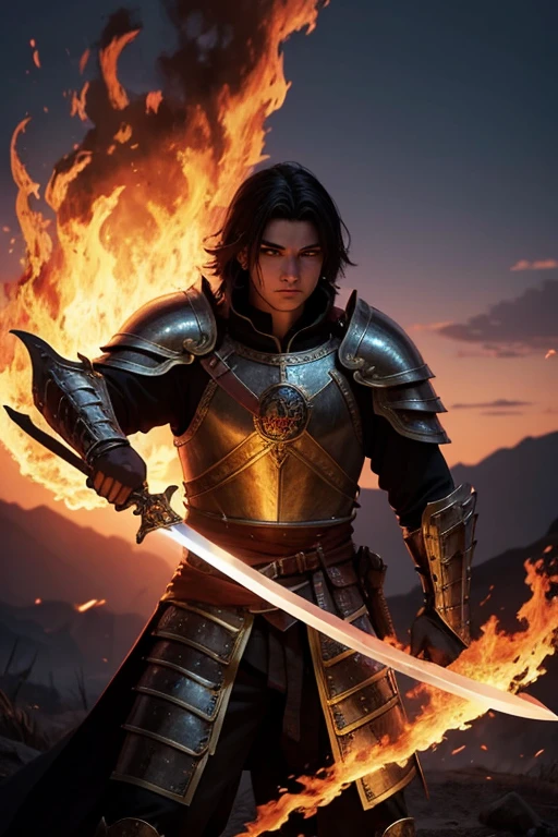 A warrior Draconato in a heroic pose, wearing intricate medieval armor, holding a magic sword engulfed in flames. The setting is a battlefield at sunset, with deep shadows and warm colors. Anime style with vibrant details.