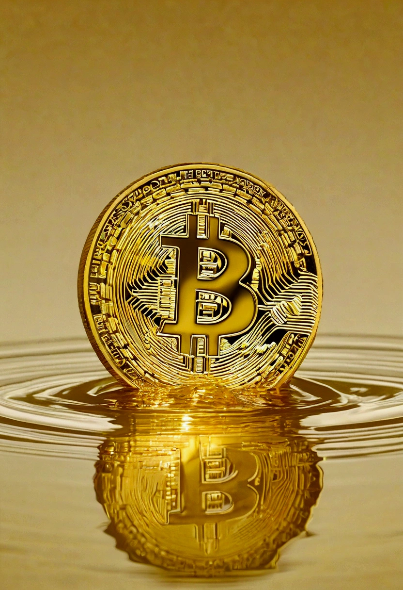 make a semi-submerged gold bitcoin coin melting in a calm pool of golden liquid gold