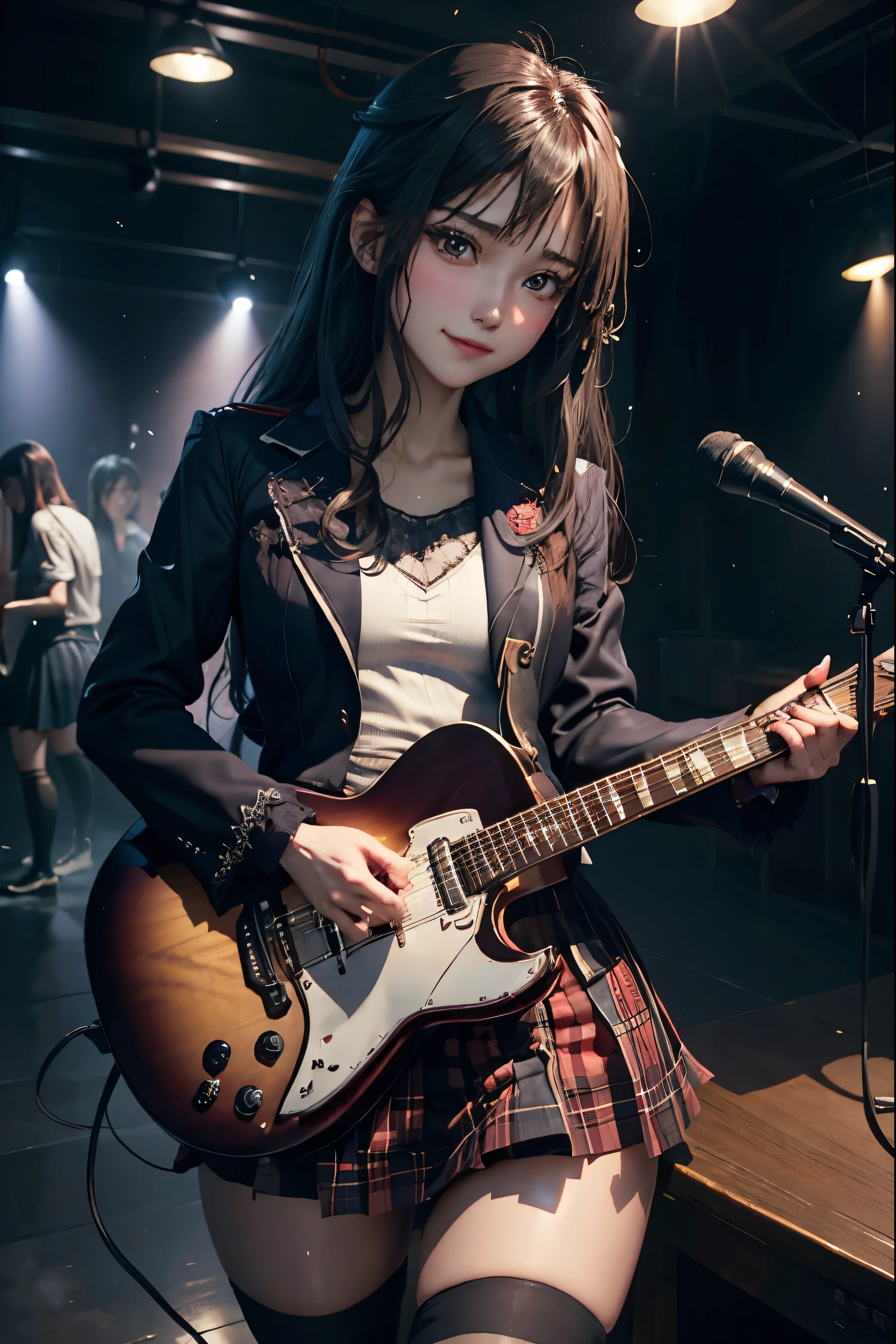 High school girl blazer、uniform、Red checked knee-length skirt、Long skirt、JK Style、Jacket、smile、Knee-high socks、Thigh-high socks、pantyhose、Extremely beautiful、Super cute、ennui、Rare Beauty、Dark black eyeshadow、sad、Skin radiance、Long Hair Straight Hair、Dark Gothic Makeup、Dark Smile、Fragrant beauty、Stained glass background、masterpiece、Highest quality、See 5 books、Sweat glistening on my chest、Sweat glistening on the face、Small breasts、22 years old、Slightly slim、Mysterious look、Sad look、Mysterious Gothic Church、enchanting castle、Excessive sweating all over the body、Sweat dripping down thighs, shining in the light、Shiny thighs、Thighs、Sweat on thighs, shining brightly、sweat profusely、gal、Small breasts、Japanese face、Captivating look、Thin Thighs、play the guitar、I have a guitar、Enthusiastic singing、play the guitar in a band、Playing guitar chords、Background of the live music venue、Sing a song、Open your mouth、Scenery of a live music venue、Mike stand、Glamorous live stage、Dynamic Angles、Vivid straight long hair、delicate straight hair、