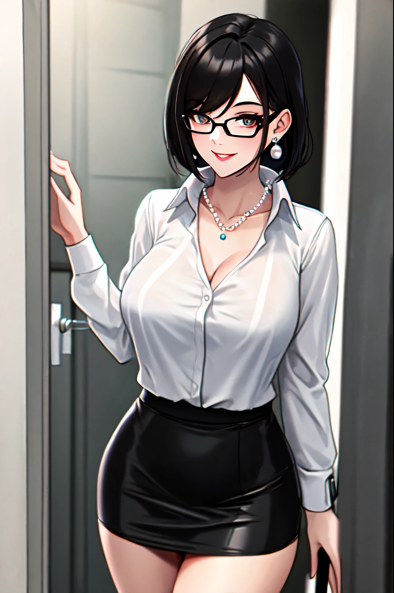 （（super high quality,Ultra-high resolution,4K,8k,super masterpiece,Ultra HD ,Detailed shading））,Looking at the camera,Coming out of the entrance door,A sexy mother is standing.,（Popped collar white shirts with the hem left out,Tight collar,Long sleeve,BLACK Pencil Mini Skirt）,sexly,Black hair semi-short,Sweep your bangs to the side,Glasses,smile,Pearl Earrings,Pearl Necklace,Engagement Rings,slouch,