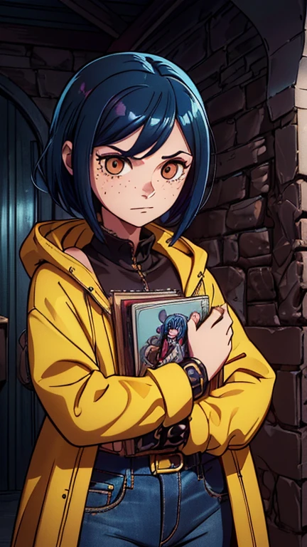 (1girl, coraline), (extremely detailed CG unit 8k wallpaper),(master part), (best quality), (ultra detail), (best illustration),(wanostyle), cowboy shot, (Sharp eyeliner, ombre, detail eyes), dark dungeon interiors background, ,break , (vamptech), Blue hair, brown eyes, freckles, pale skin, excited expression, yellow raincoat, jeans