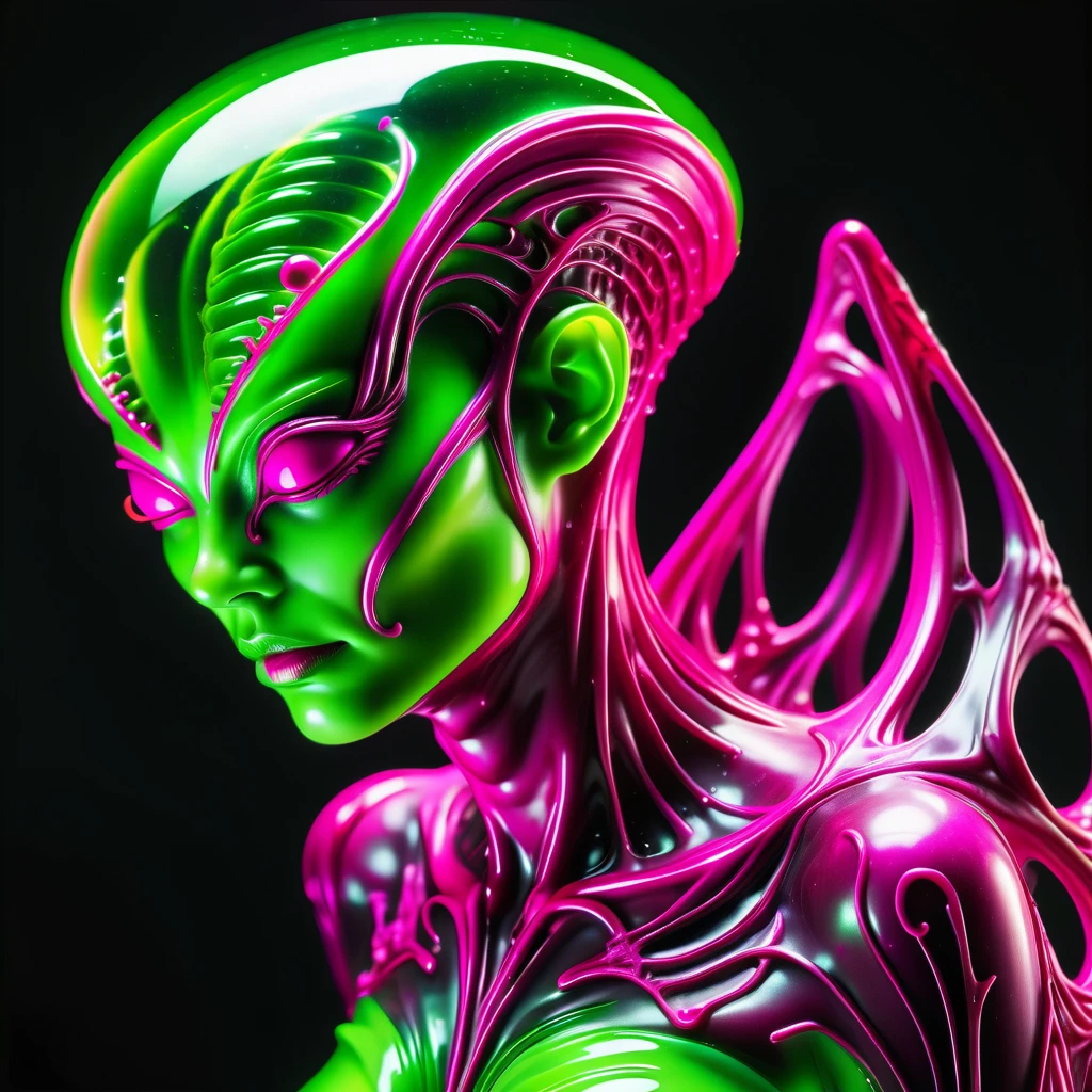 photo, 8k, neon green and hot pink,((surreal)) alien jello sculpture sitiontatue, intricate, elegant, highly detailed, majestic, digital photography, art by artgerm and ruan jia and greg rutkowski surreal painting filigree, broken glass, (masterpiece, sidelighting, hdr, realistic, high definition, Masterpiece+++