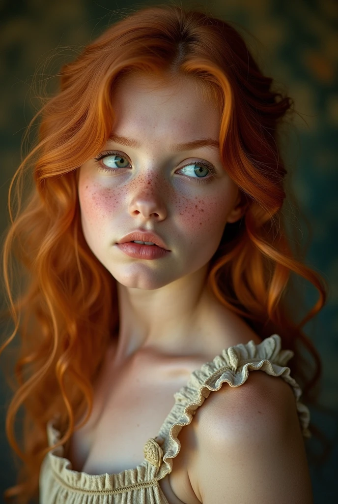 Redhead girl,looking at side, em close extremo, closed in the face. 超detailded. freckles, Rustic dress. Provence. retro photography, David Hamilton Style. Analog photography. grainy. nymph