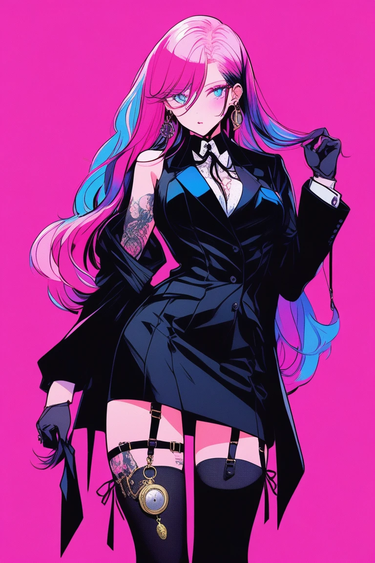 Illustrator, anime , Realistic ,sketch , 1 person, model, lip, Holding a pocket watch in hand, wearing Black tuxedo-like miniskirt dress, Thigh-high stockings with laces, order, Blue and pink gradient background, Neon colored hair, Big Breasts, look back, Sexy look, Sexy pose, Texture Trim, Russia, (masterpiece,Highest quality)