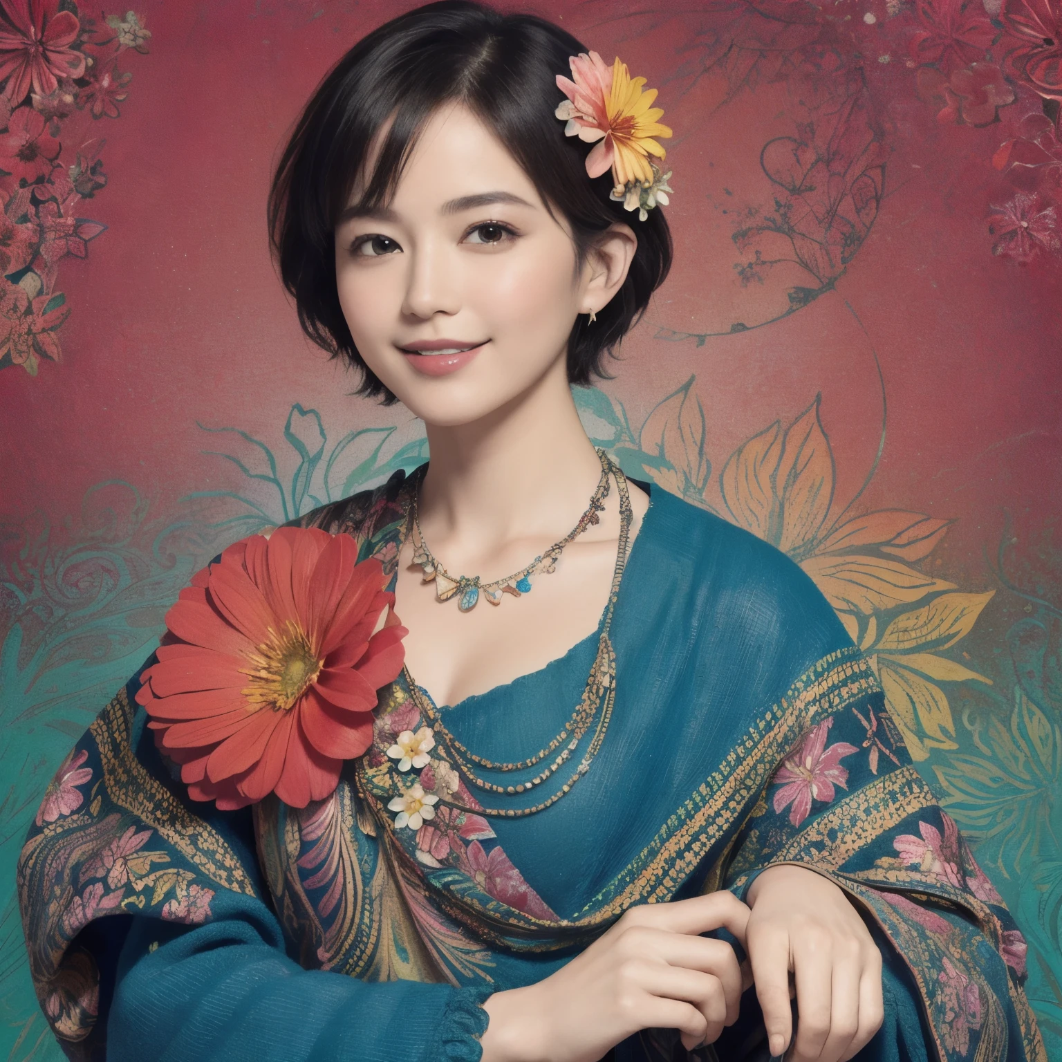 272 (20-year-old woman,short hair), (masterpiece, Highest quality, beautiful:1.2), Very detailed, (Fractal Art:1.1), (colorful:1.1), (flower:1.3), whole body, (Abstract background:1.3), (Many colors:1.4), (Old-fashioned smile), (Hawaii)
